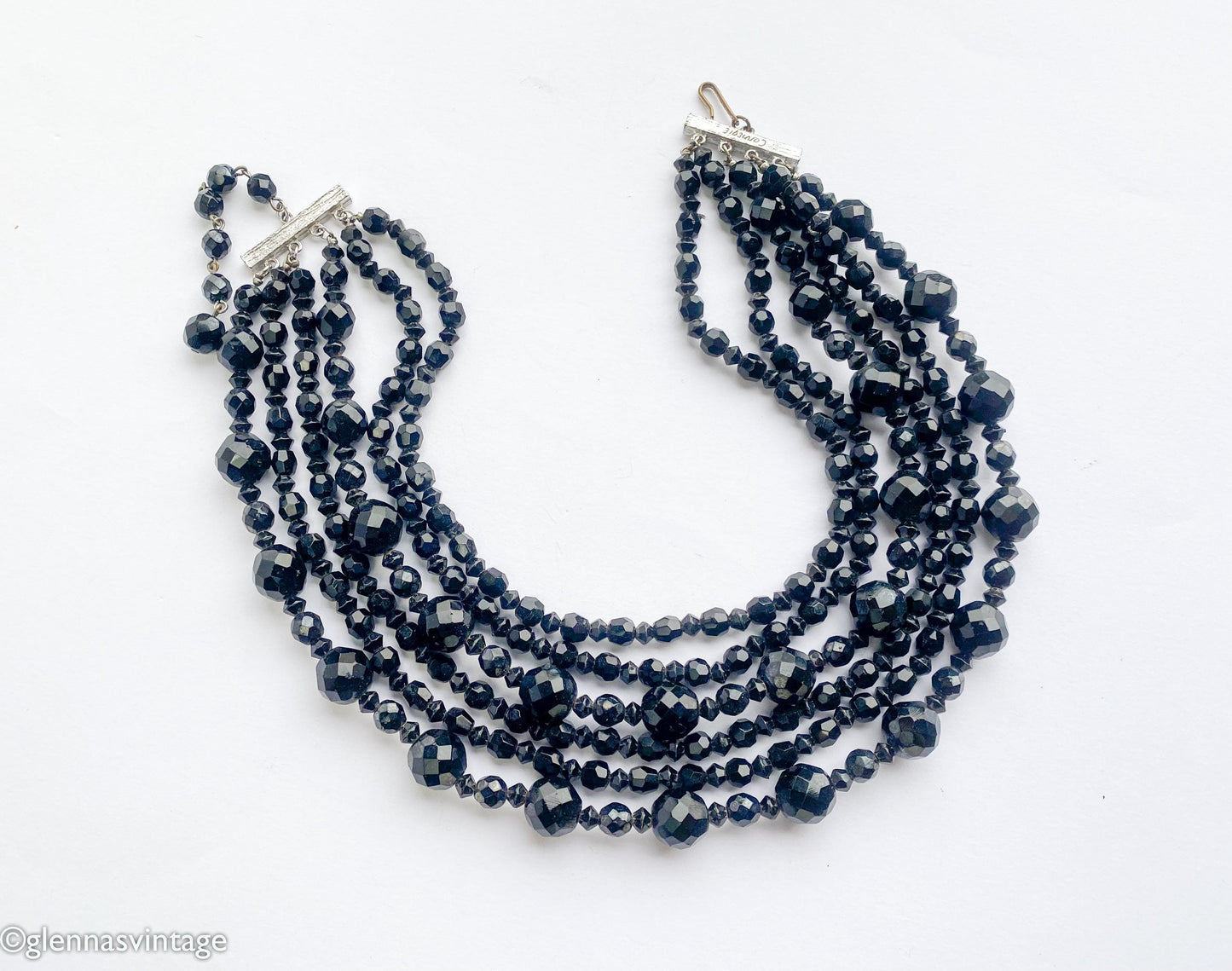1950s Carnegie Black Crystal Beaded Necklace | 6-Strand Evening Jewelry