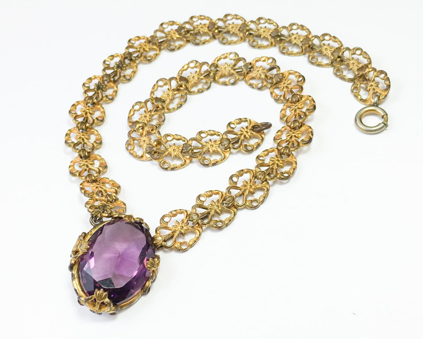 1930s Filigree Necklace | Gold & Purple Glass Pendant
