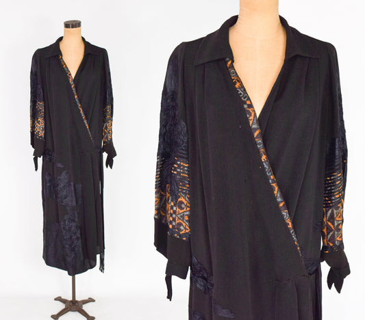1900s Black Embroidered Crepe Wrap Dress, Downton Abbey Style, Large