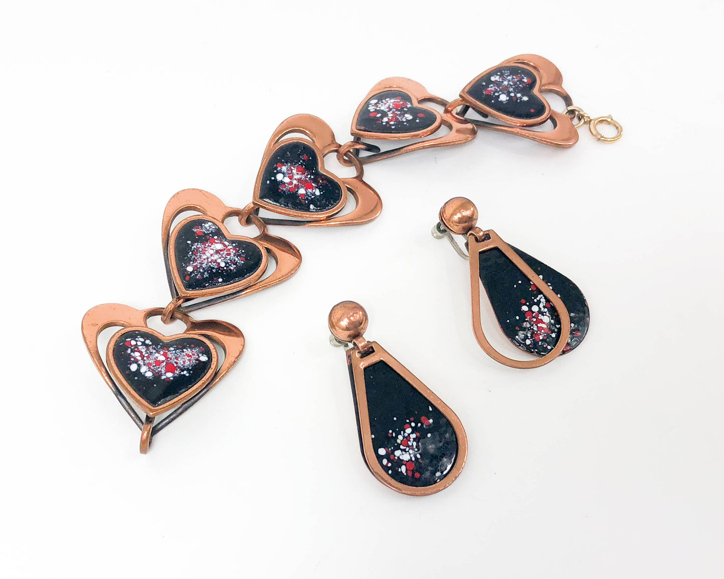 1940s Rebajes Copper Heart Bracelet & Earrings Jewelry Set
