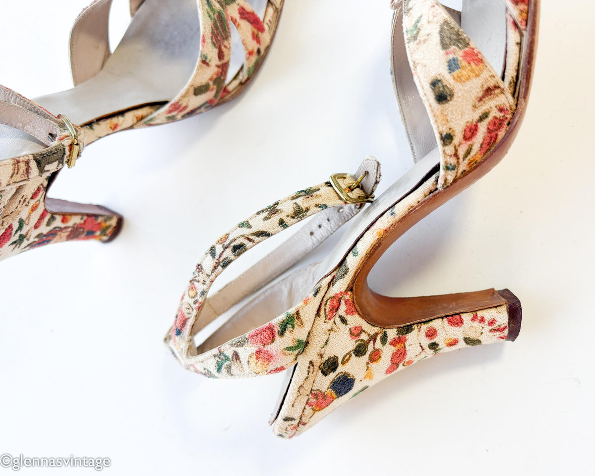 1950s Colorful Floral Design Heels | Beige Print Ankle Strap Heels