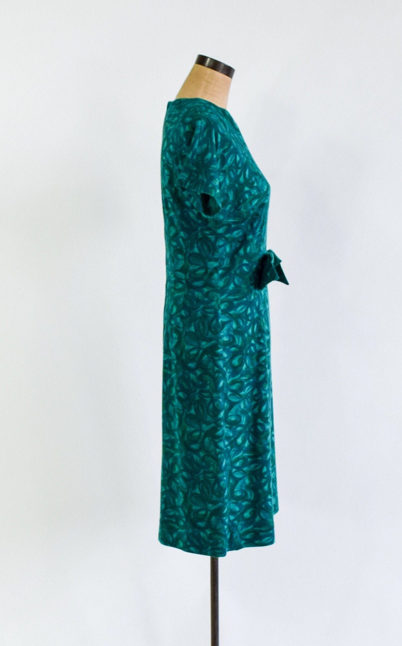 1960s Turquoise Green Floral Wool Knit Dress, Medium