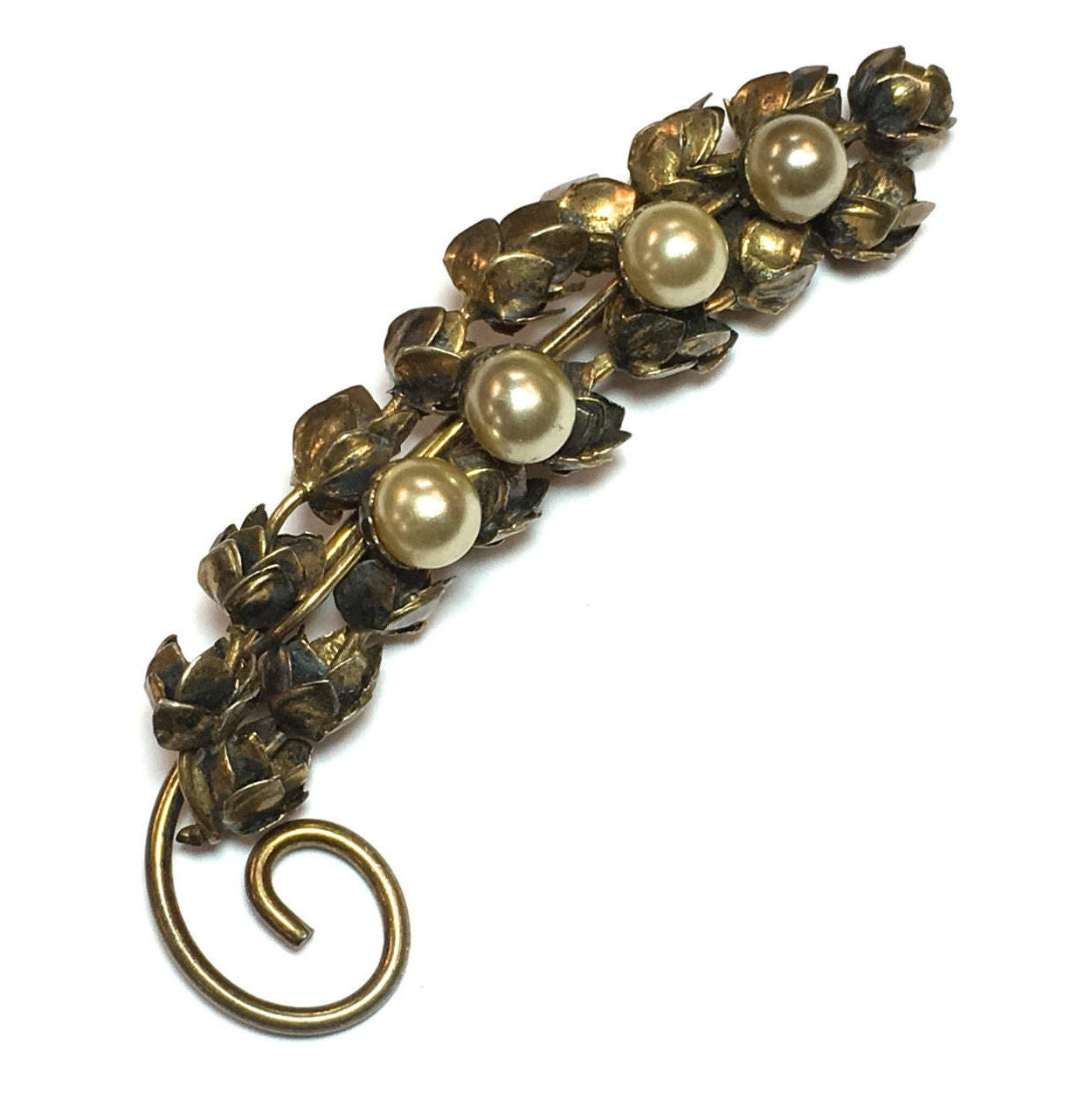 Coro | 1940s Gold Flower Spray  Brooch | 40s Pearl Flower Sterling Brooch | Coro