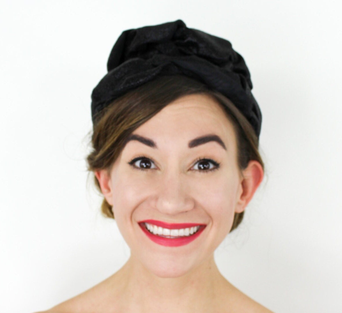 1950s Black Lamé Cocktail Hat, Black Glitter Fascinator