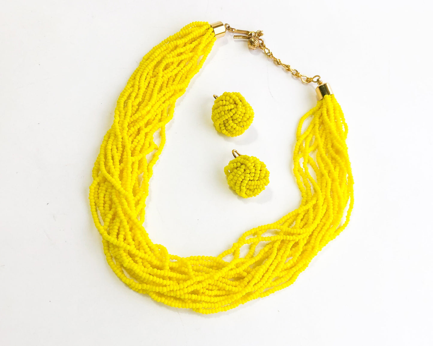 1960s Yellow Beaded Necklace & Clip Earrings Jewelry Set