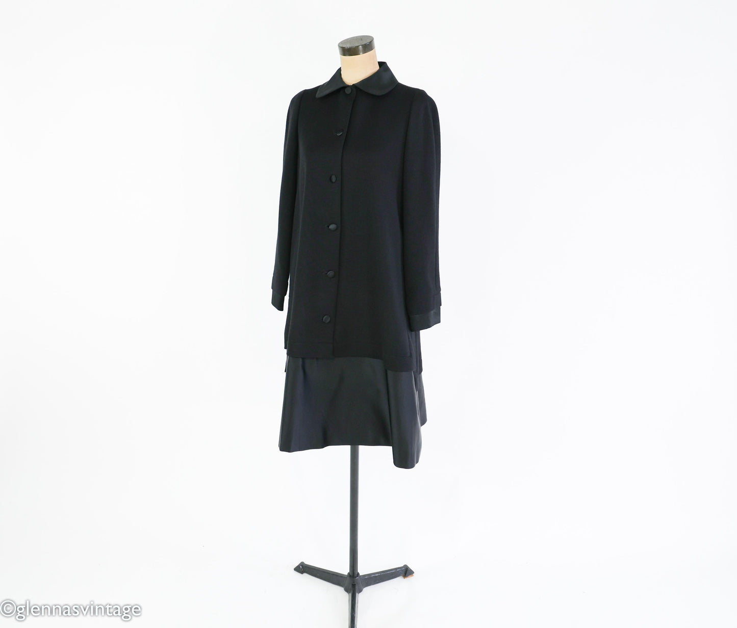 1990s Geoffrey Beene Black Wool Coat Dress | Black & Satin Tailored Coat, Size 8
