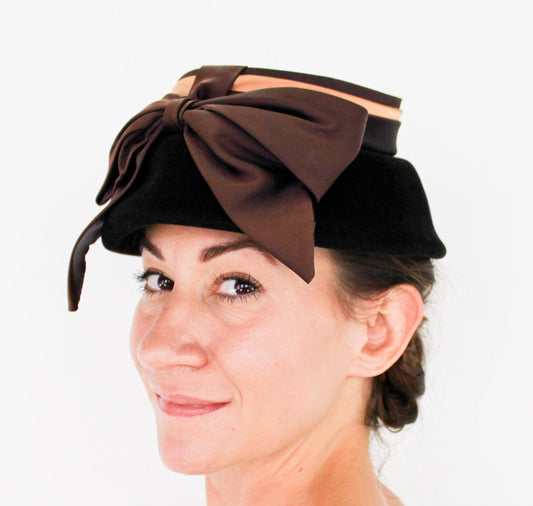 1950s Black Wool Felt Hat with Brown Satin Bow
