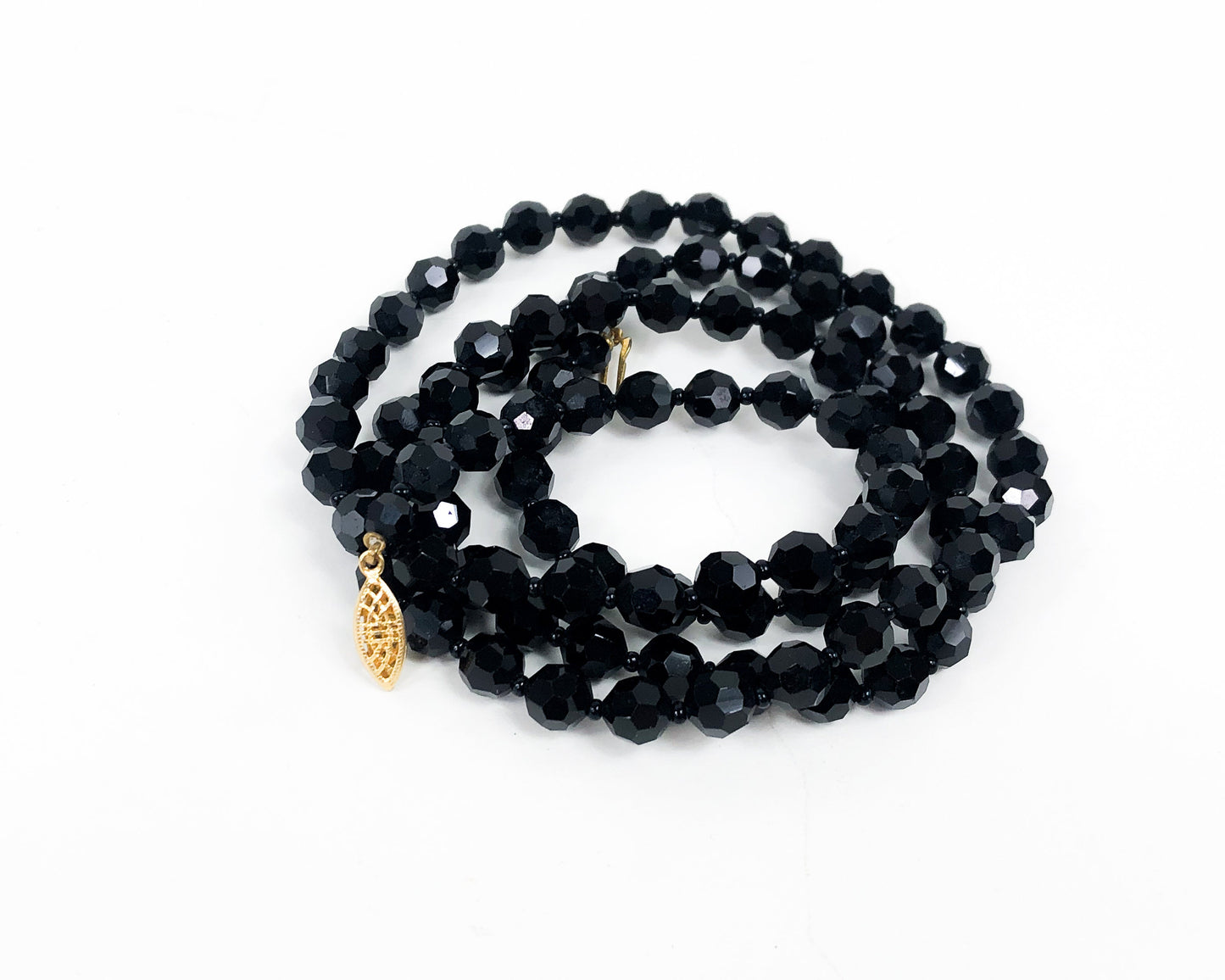 1950s Black Glass Necklace | 50s Black Faceted Glass Necklace | Black Glass Rope