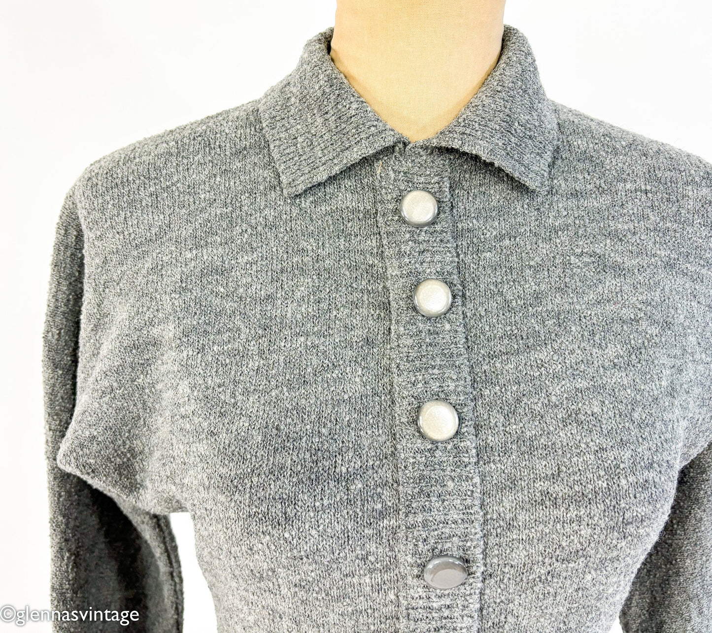 1940s Gray Knit Secretary Dress | 40s Gray Knit Dress | Barbara Carol | Small