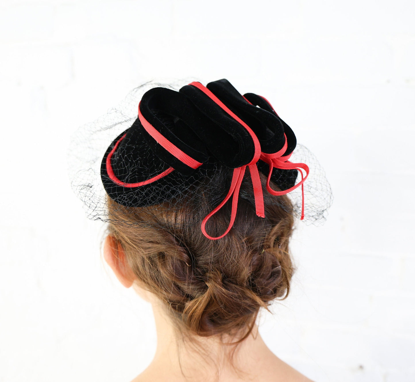 1950s Black Velvet Cocktail Hat, Red Trim Fascinator