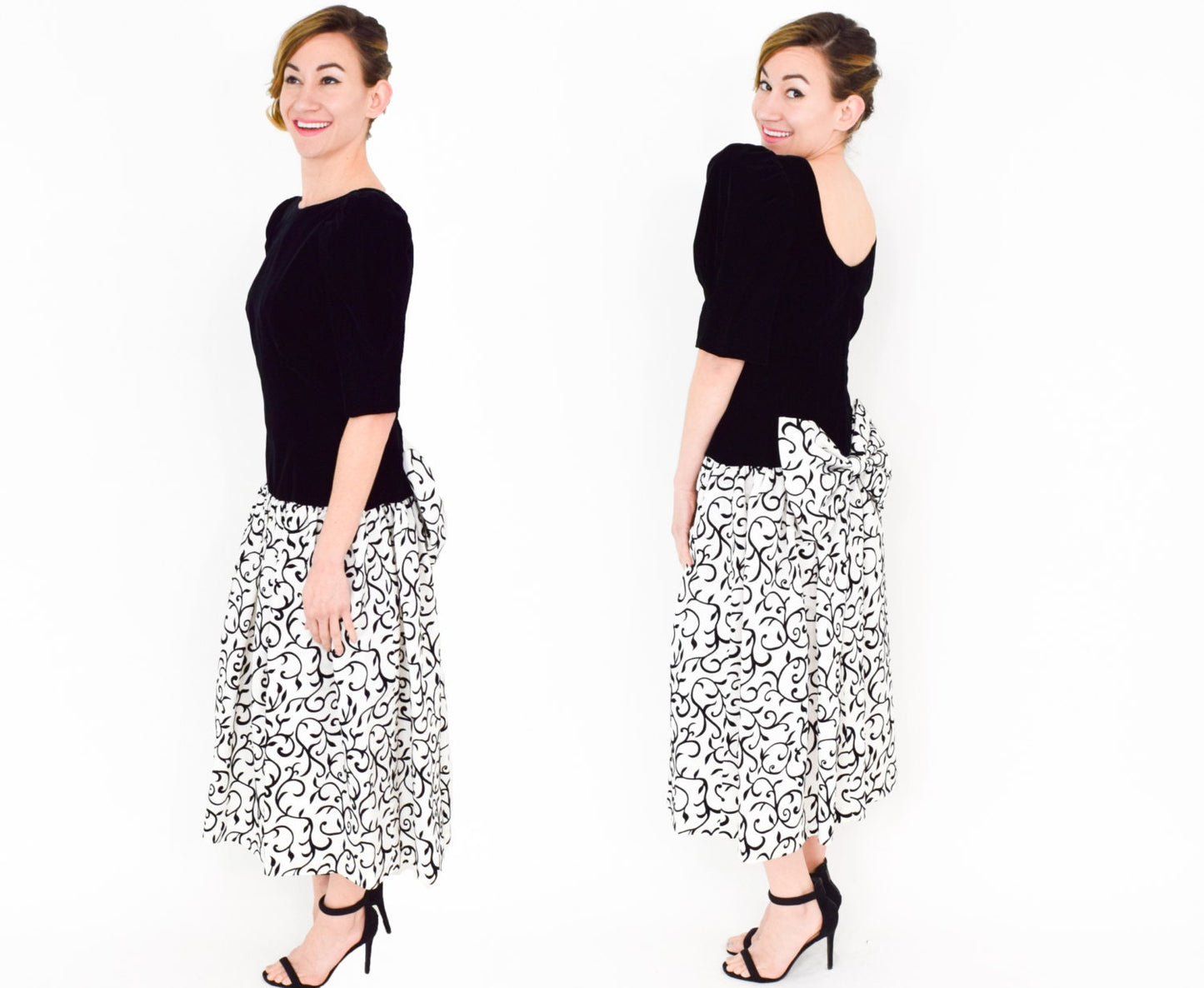 1980s Black Velvet Print Party Dress, Medium