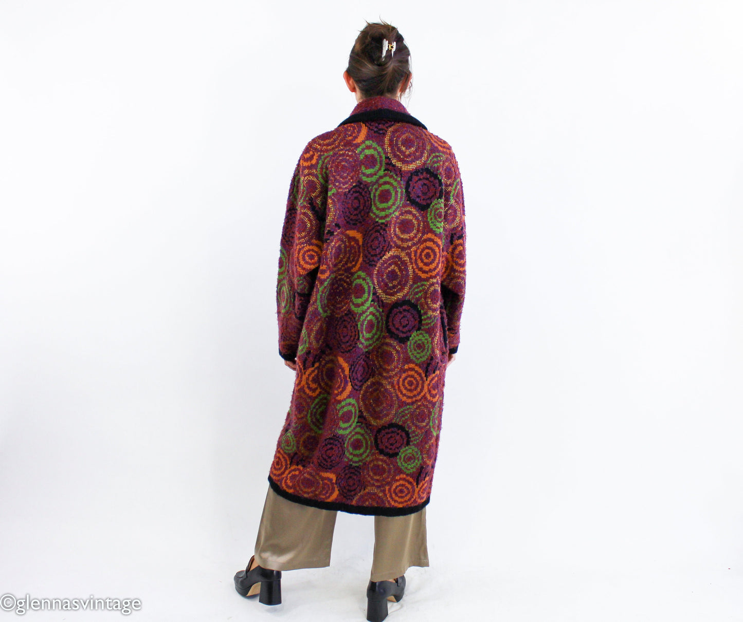 1980s Colorful Autumn Colors Oversized Sweater Coat | 80s Maroon Abstract Sweater Coat | La Mittini Large