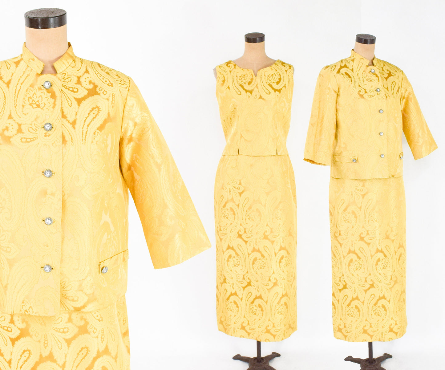 1960s Yellow Gold Brocade 4 Piece Skirt Suit, Medium