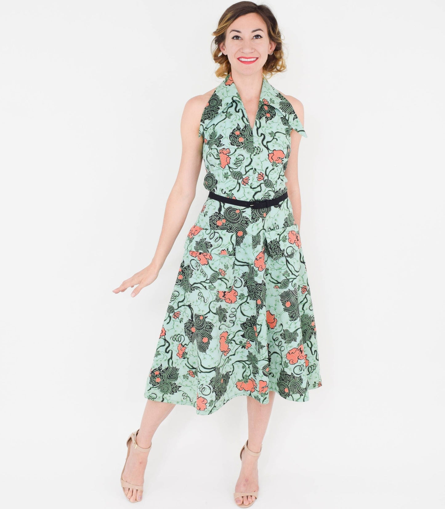1950s Green Floral Halter Dress, Small