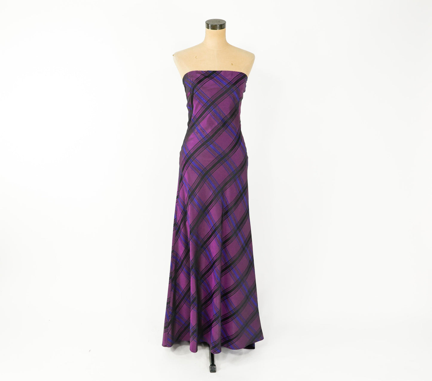 1990s Purple Plaid Taffeta Strapless Dress, Small