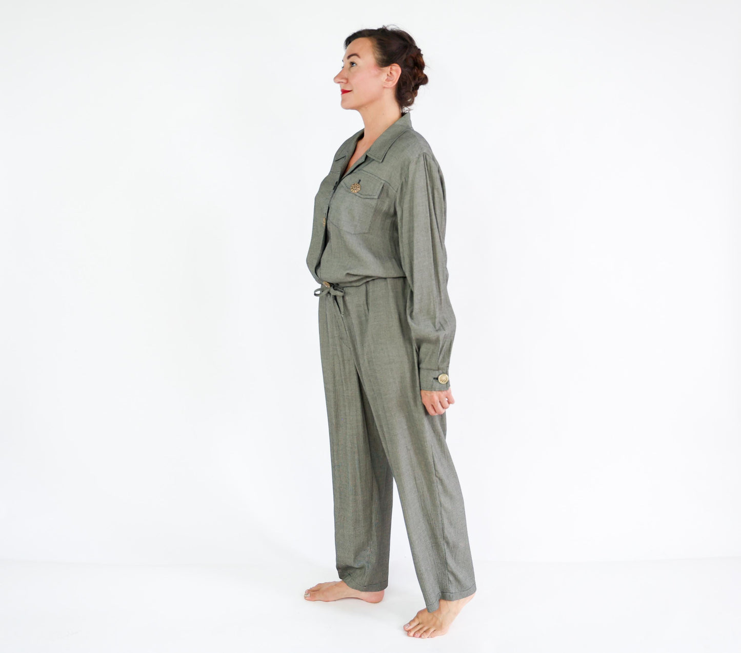 1980s Gray Woven Rayon Jumpsuit, 44