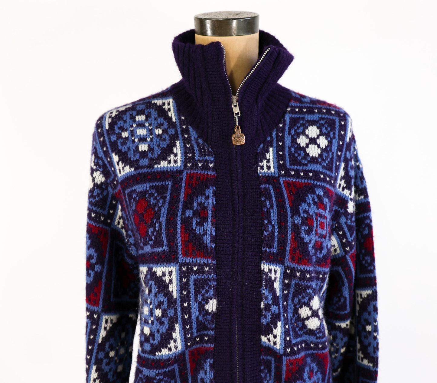 1960s Jantzen Nordic Cardigan Sweater Jacket, Blue & White Knit, Large