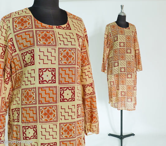 1980s Brown Print Cotton Caftan Tunic Dress, Medium
