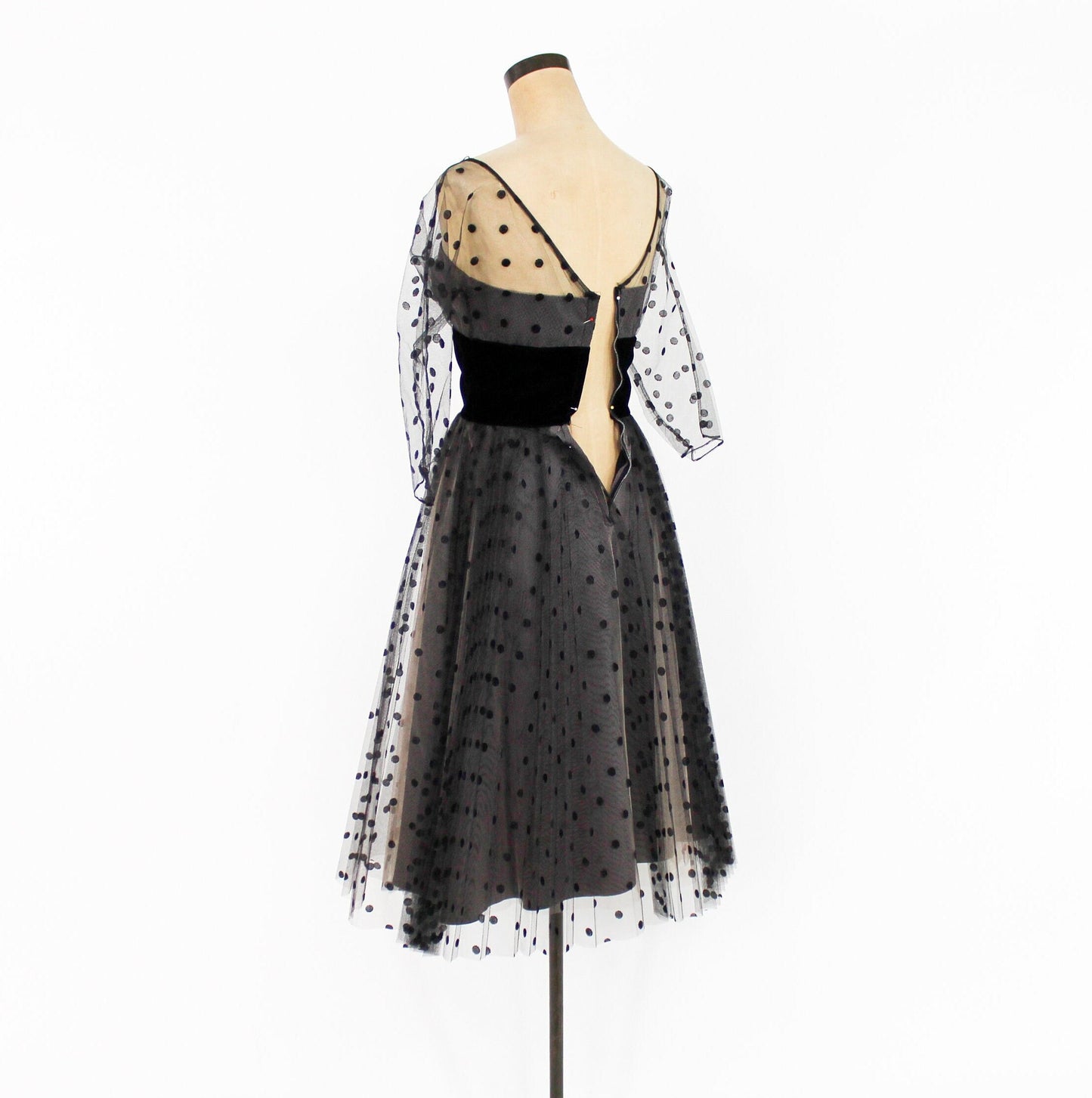 1950s Black Polka Dot Tulle Party Dress, Extra Small