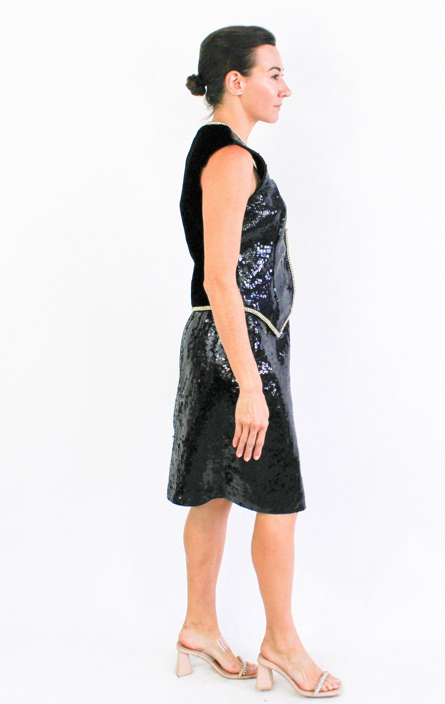 1990s Black Sequin Vest & Skirt Set | 90s Black Sequin Skirt Set | Lillie Rubin | Medium