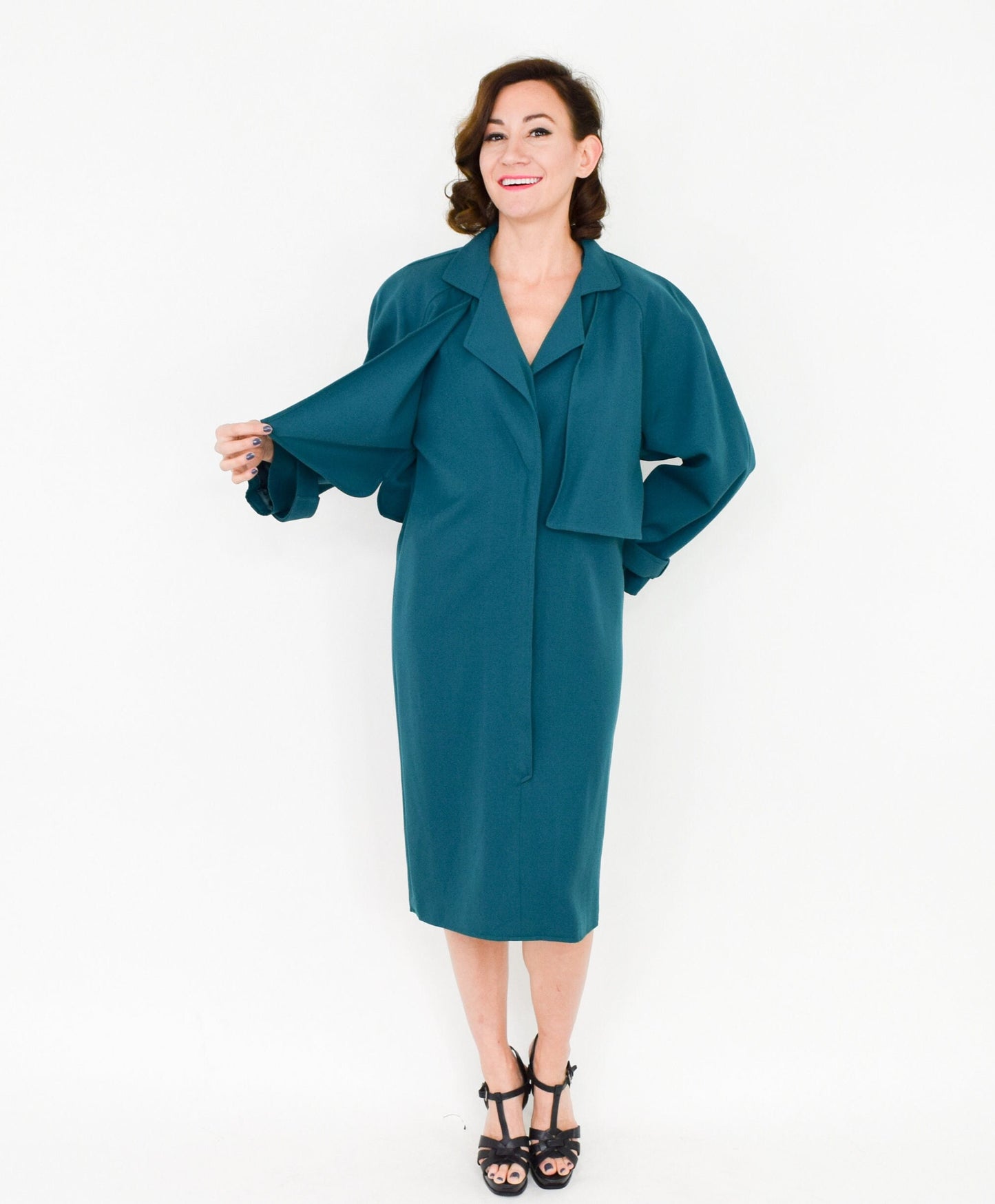 1980s Bernard Perris Aqua Wool Gabardine Dress, Medium