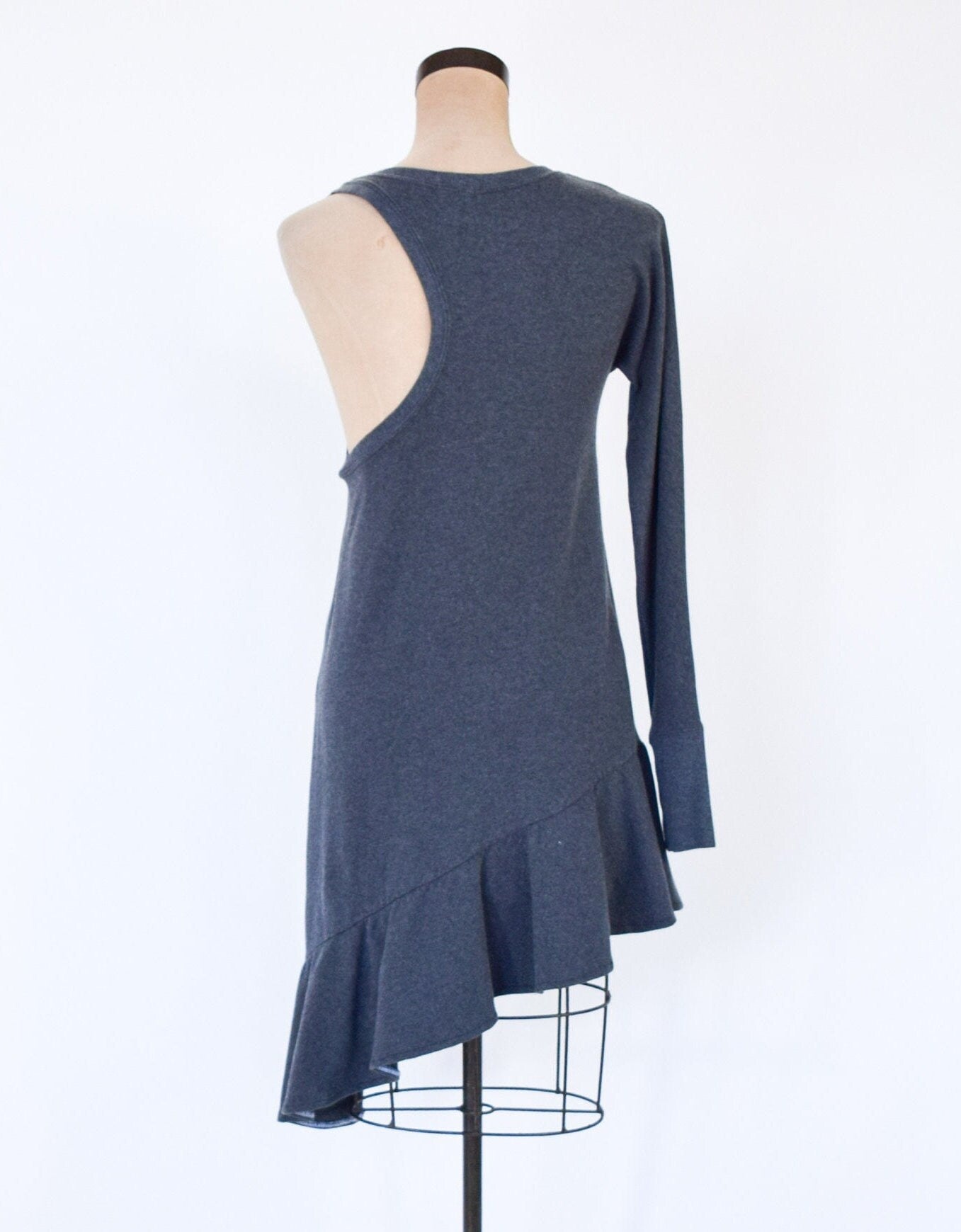 1990s Gray Knit Dress | 90s One-Sleeve Design Dress | Medium