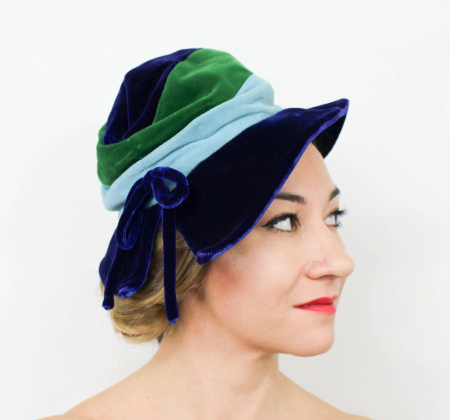 Dachettes | 1960s Blue Velvet Slouch Hat | 60s Blue & Green Striped Hat | Dachettes