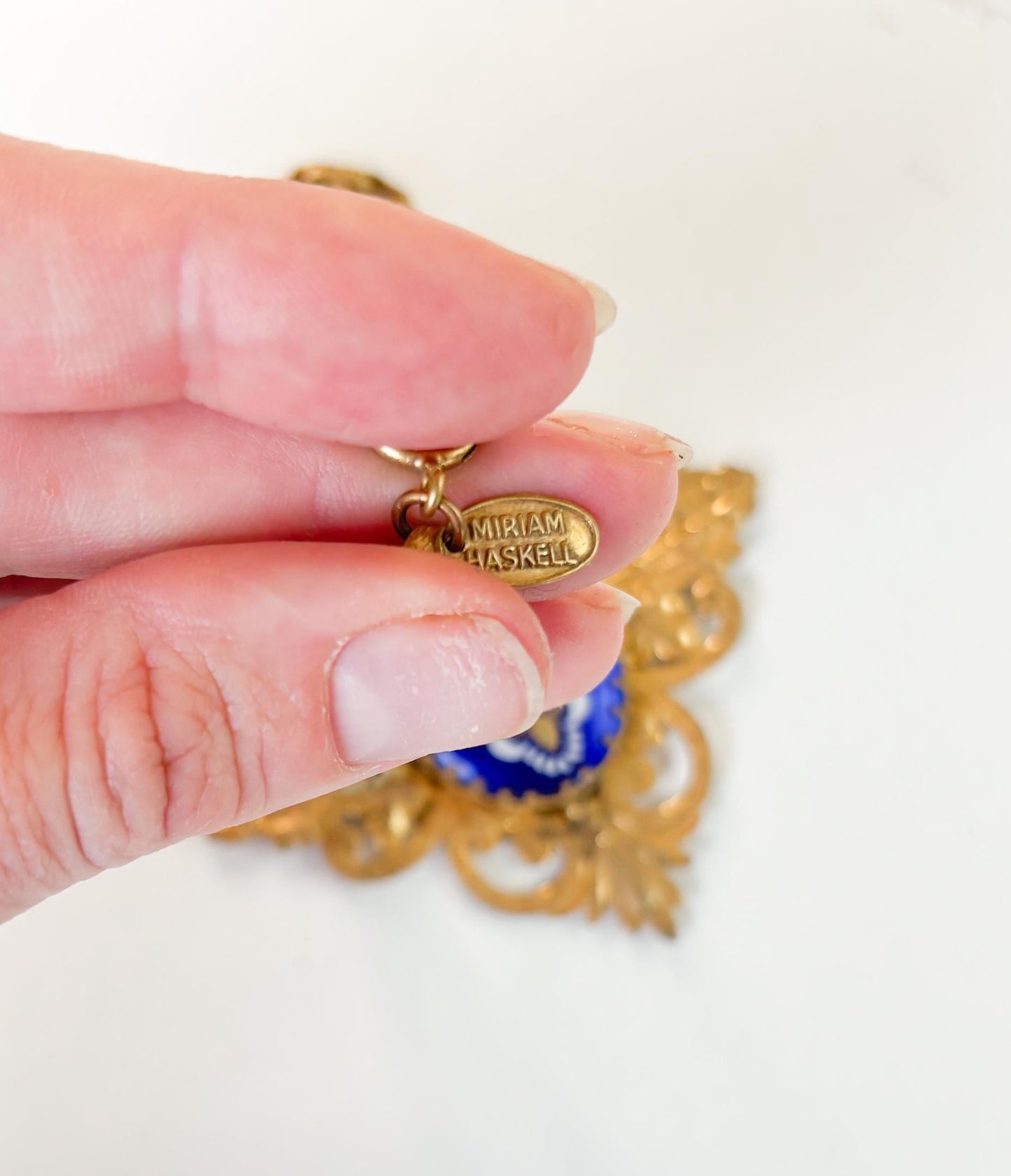 Vintage 1940s Miriam Haskell Necklace, Cobalt Blue Glass Filigree Pendant
