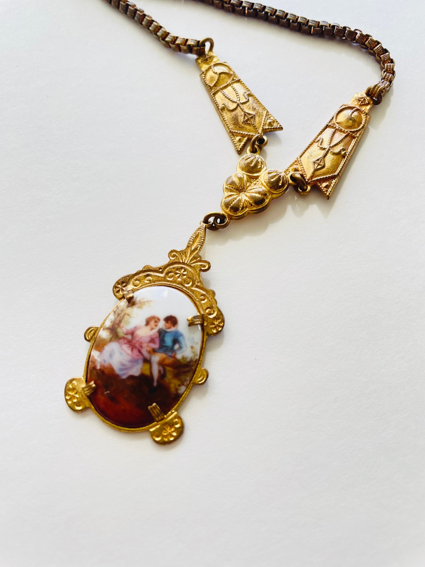 1920s Porcelain Pendant Necklace | Gold Victorian Couple, Brass Chain