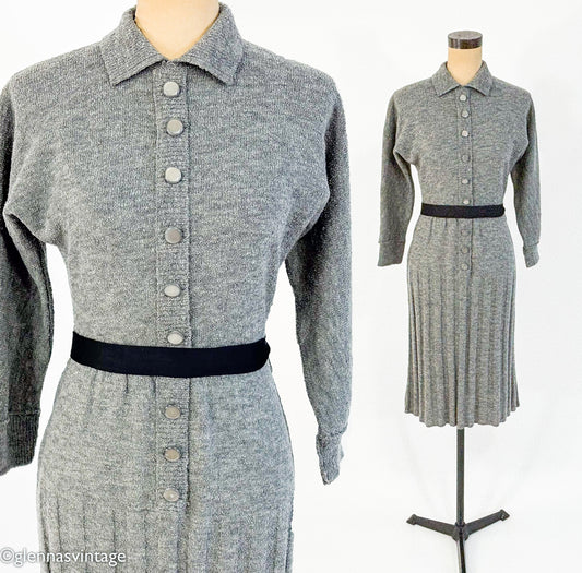 1940s Gray Knit Secretary Dress | 40s Gray Knit Dress | Barbara Carol | Small