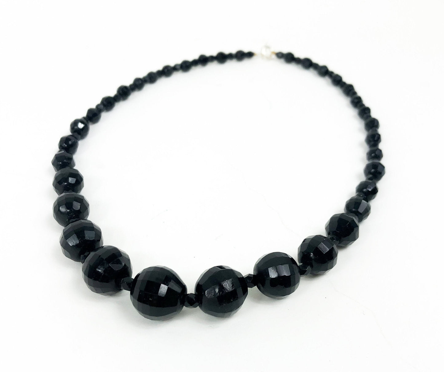 1950s Black Glass Bead Necklace | 50s Black Faceted Glass Choker