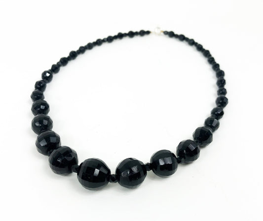 1950s Black Glass Bead Necklace | 50s Black Faceted Glass Choker