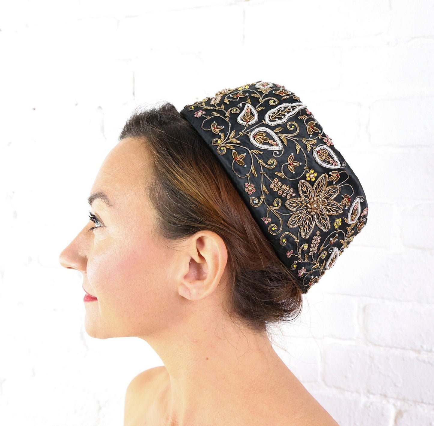 1950s Black Silk Pillbox Hat with Gold Embroidery