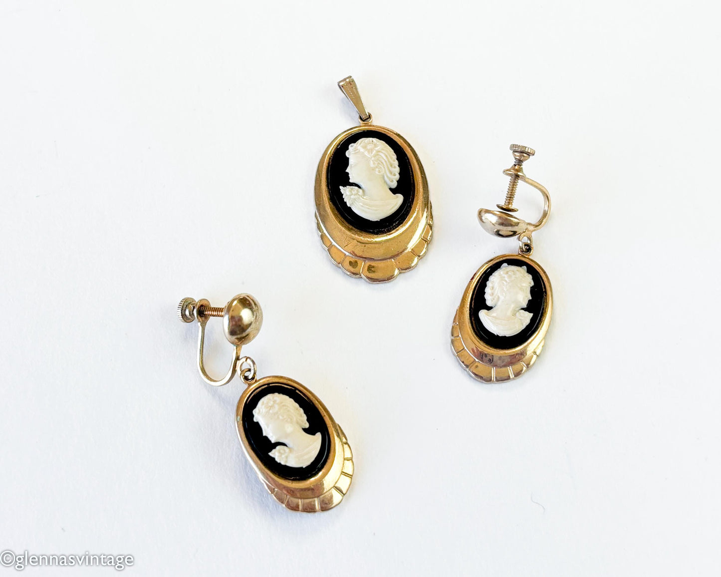 1950s Black & White Lucite Cameo Jewelry Set with Pendant & Earrings