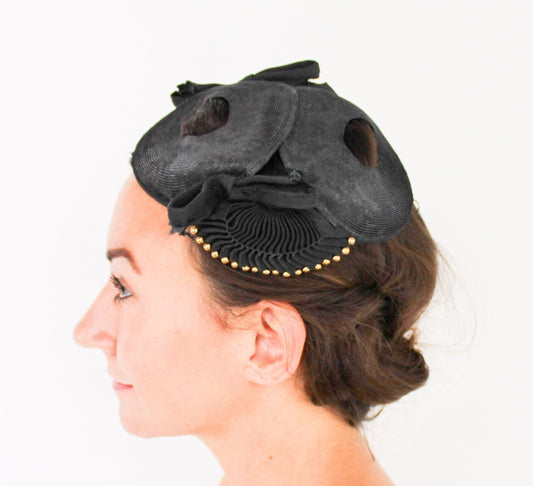 1940s Black Raffia Woven Fascinator Hat, Old Hollywood Style
