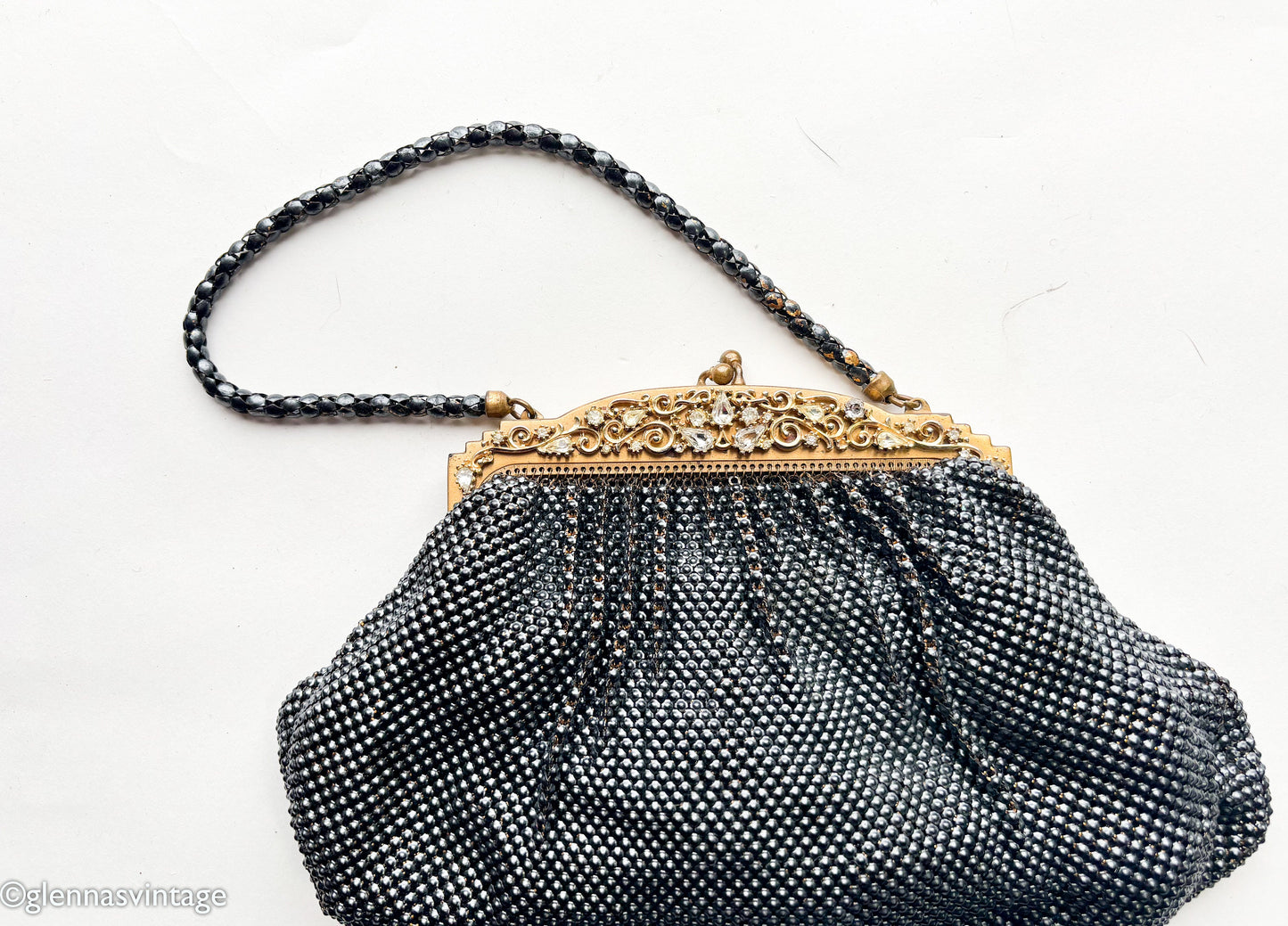 1930s Whiting & Davis Black Mesh Handbag | Rhinestone Evening Bag