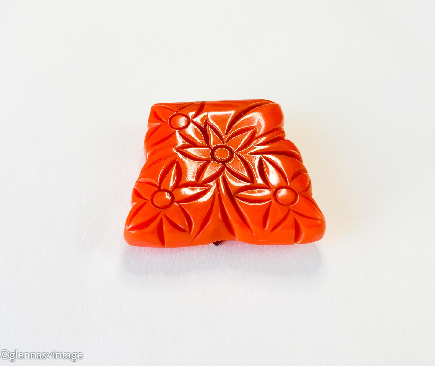 Vintage 1930s Orange Bakelite Dress Clip | Carved Floral Plastic Clip