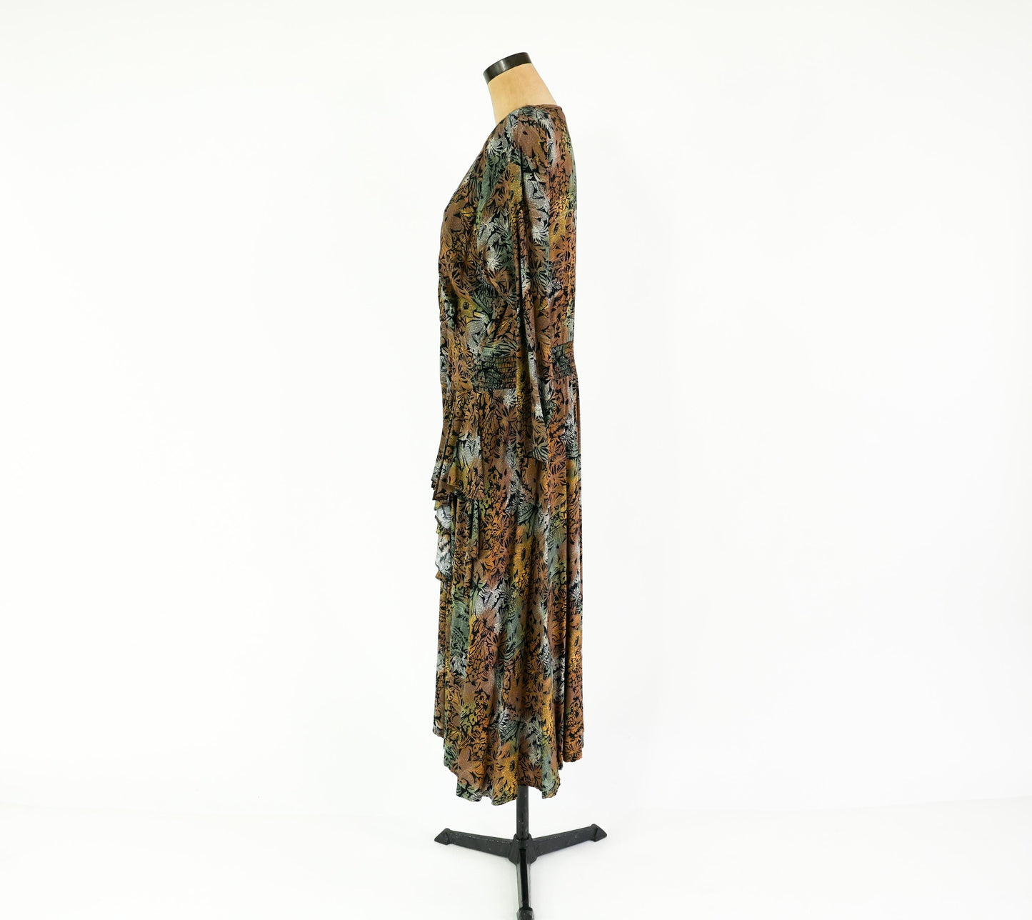 1980s Brown Floral Print Dress, Extra Large, Waist up to 36"