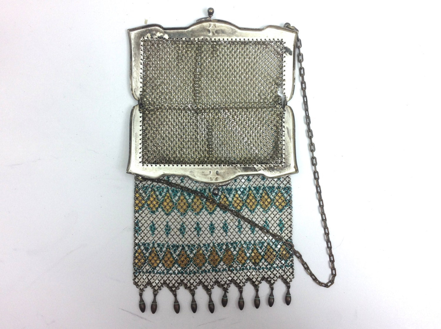 1900s White & Green Mesh Evening Bag | White  Gold Green Enamel Mesh Purse | Mandalin
