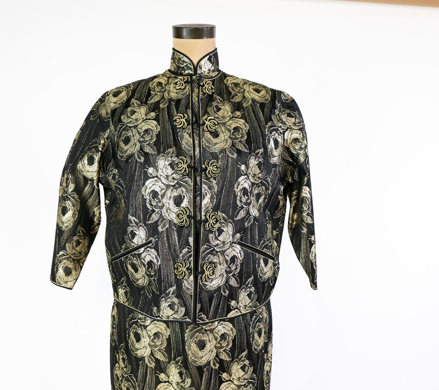 1950s Black Gold Metallic Brocade Cheongsam Dress and Matching Jacket, Large