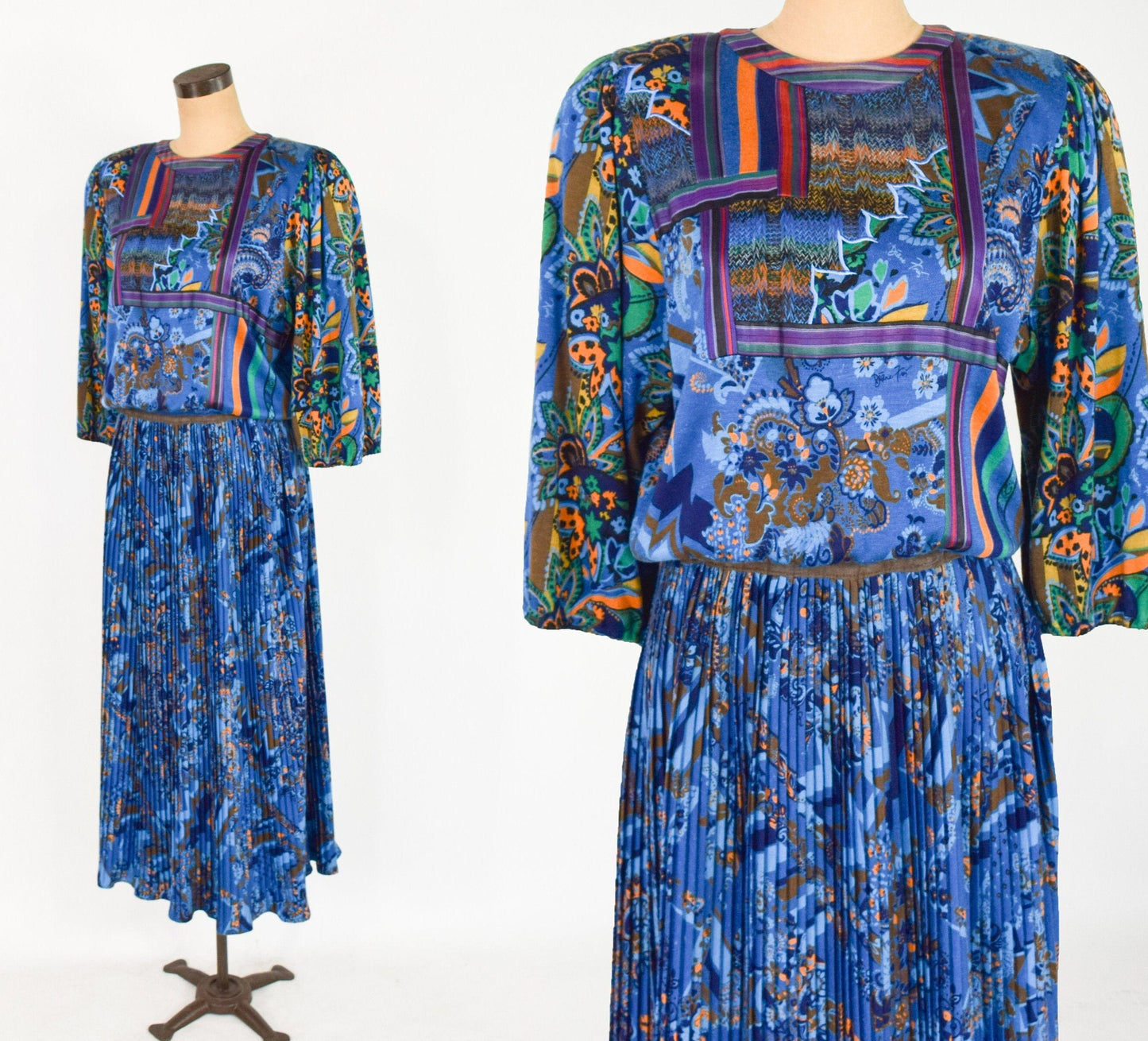 1980s Diane Freis Blue Wool Pleated Dress, Large