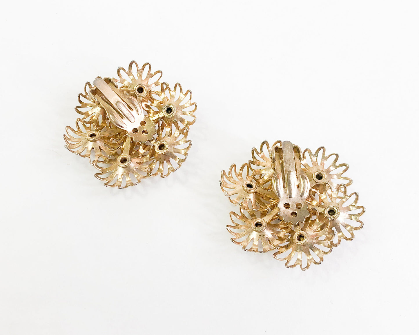 1960s Purple Rhinestone Flower Earrings | 60s Gold & Purple Flower Cluster Clips