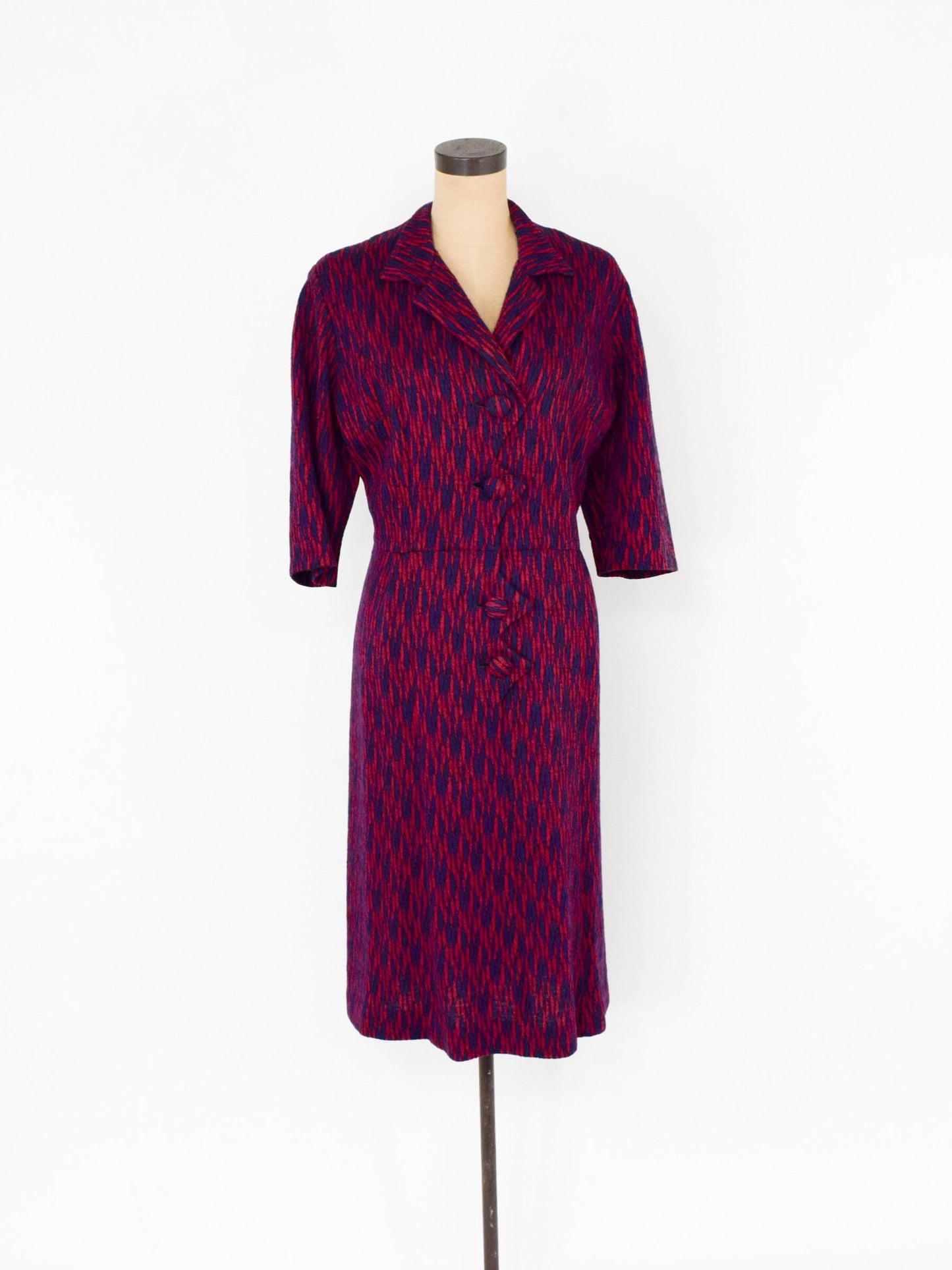 1960s Red Navy Pattern Wool Knit Dress, 38" Waist