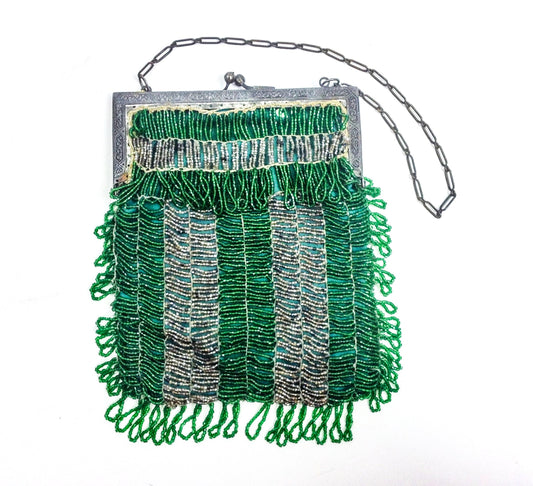 Antique 1900s Green Beaded Evening Bag