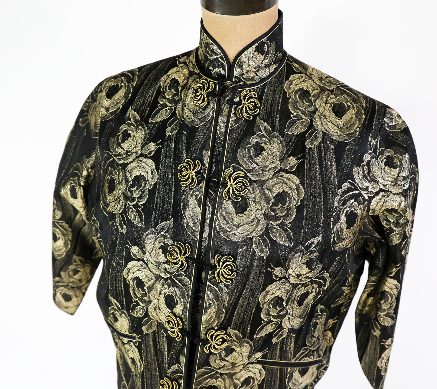 1950s Black Gold Metallic Brocade Cheongsam Dress and Matching Jacket, Large