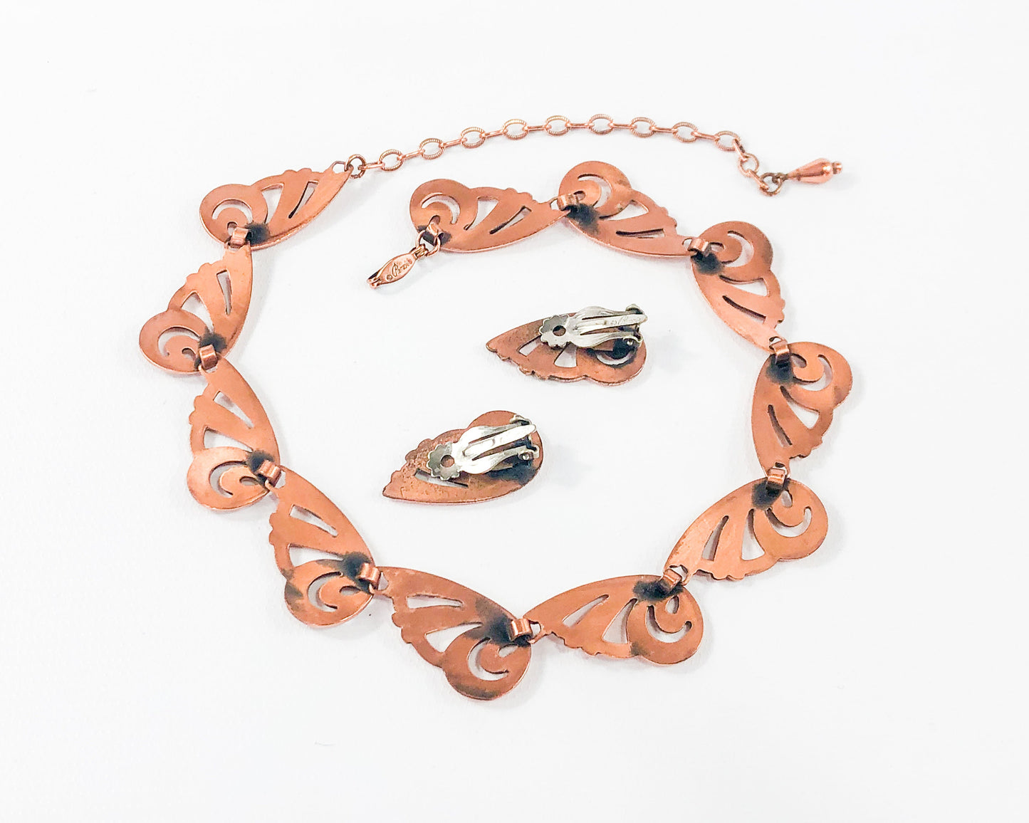 1950s Copper Swirl Necklace & Earring Set, Renoir Jewelry Hat