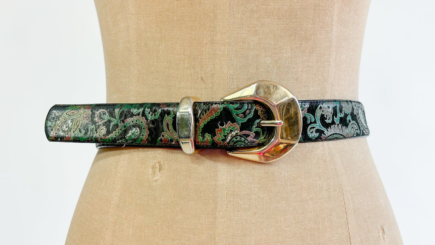 1980s Black Paisley Faux Leather Belt, Size M