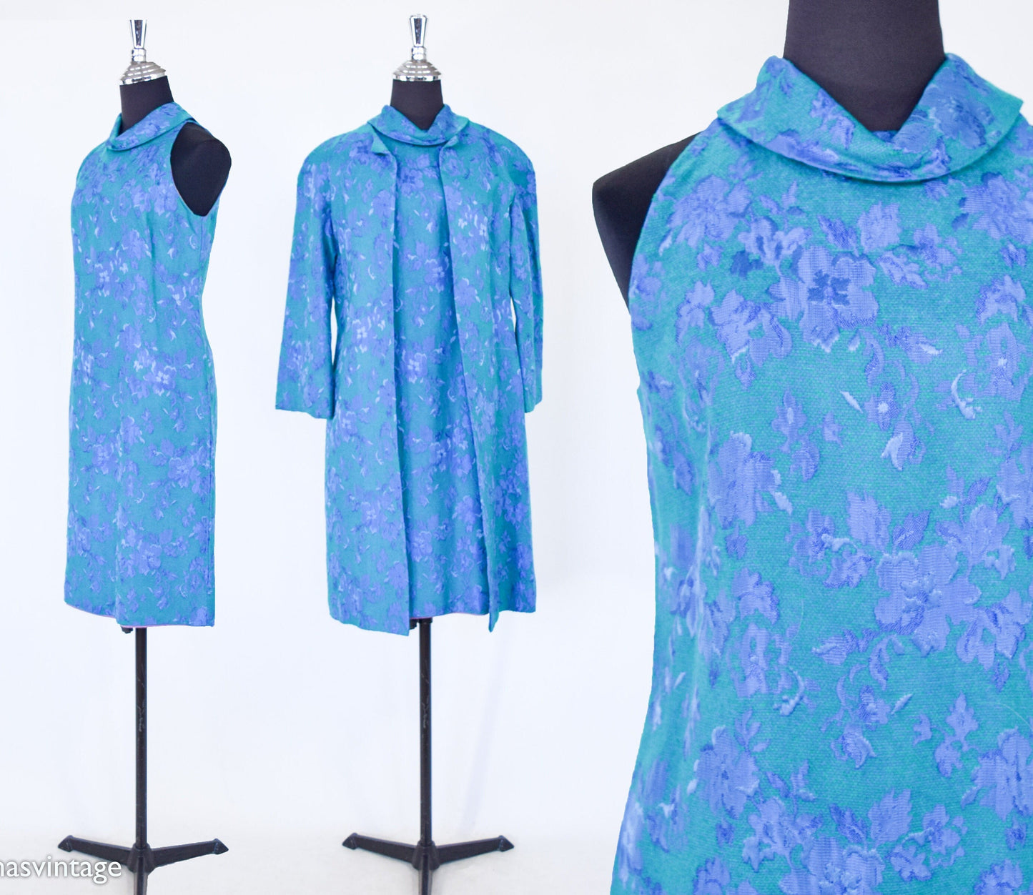 1960s Blue Brocade Coat Dress Set | 60s Turquoise Blue & Lavender Floral Brocade Dress Set | Jackie O | Small