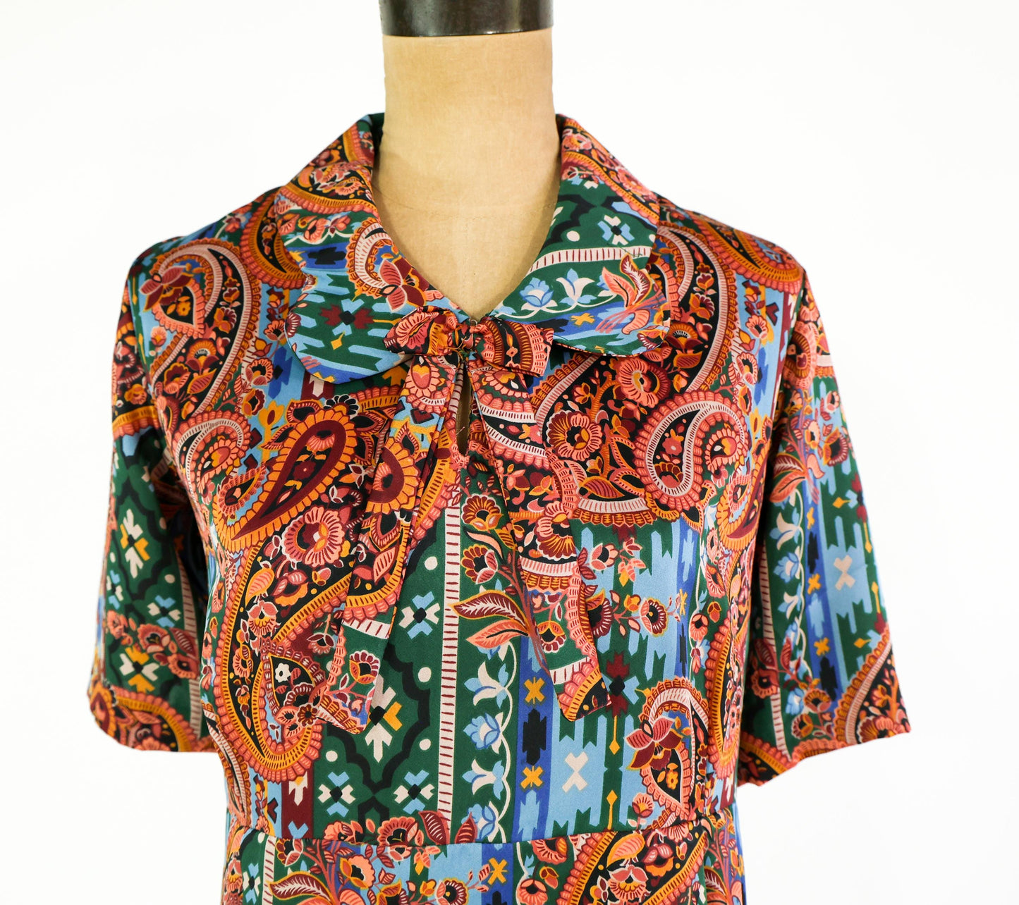 1960s Orange & Blue Paisley Print Dress, 38" Waist