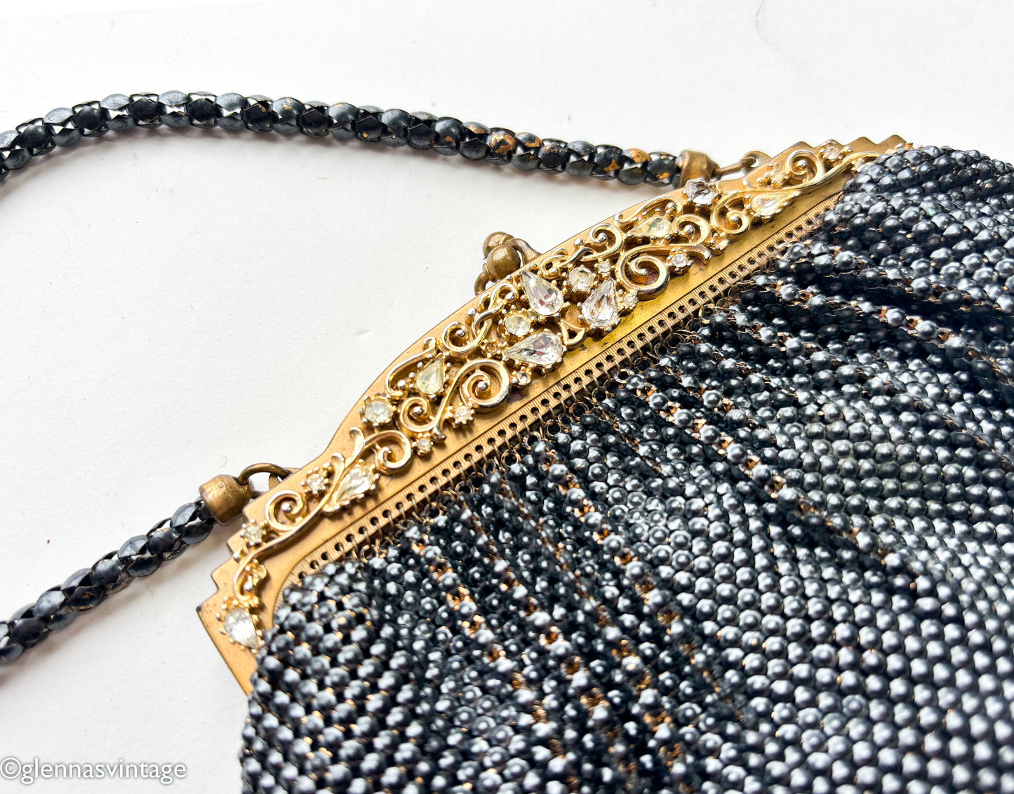 1930s Whiting & Davis Black Mesh Handbag | Rhinestone Evening Bag